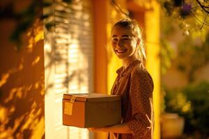 ai generiert ein lächelnd jung Frau mit ein Box im ihr Hände foto