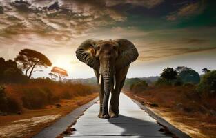 ai generiert ein jung Elefant Gehen Nieder das Straße neben ein szenisch Sonnenuntergang foto