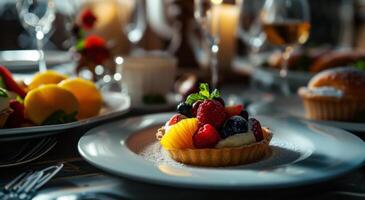 ai generiert ein Obst Torte ist Sitzung auf ein Weiß Teller mit andere Geschirr foto