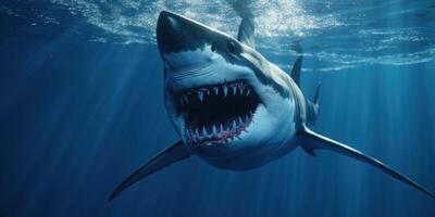 ai generiert ein großartig Weiß Hai ist Schwimmen mit ihr Mund öffnen foto