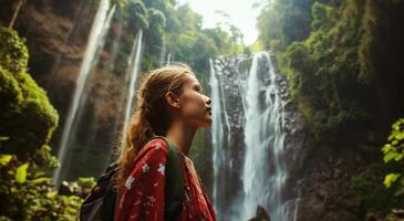 ai generiert ein jung Frau im Vorderseite von ein Wasserfall suchen zu das Himmel foto