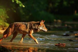 ai generiert ein Mann Wolf Kreuzung ein Strom beim ein Tierwelt Heiligtum foto