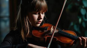 ai generiert ein jung weiblich Musical Star spielen Violine foto