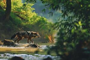 ai generiert ein Mann Wolf Kreuzung ein Strom beim ein Tierwelt Heiligtum foto