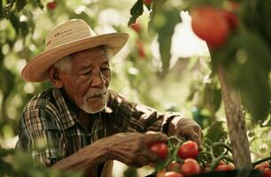 ai generiert ein alt Farmer pflücken aus Tomaten im seine Obstgarten foto