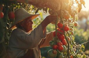 ai generiert ein älter Person pflücken Tomaten hoch von das Ranke foto