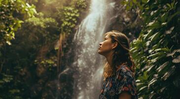 ai generiert ein jung Frau im Vorderseite von ein Wasserfall suchen zu das Himmel foto