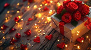 ai generiert ein Geschenk Box mit rot Rosen und golden Herzen auf ein hölzern Fußboden foto