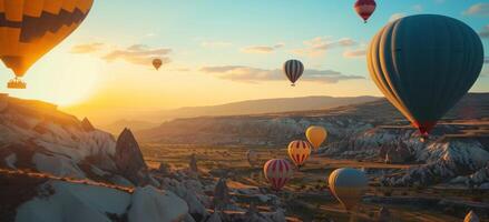 ai generiert ein Gruppe von bunt heiß Luft Luftballons beim Sonnenuntergang foto