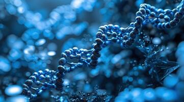 ai generiert kristallisiert Blau DNA Moleküle mit ein schließen Aussicht foto