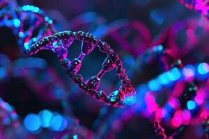 ai generiert bunt DNA auf ein schwarz Hintergrund foto