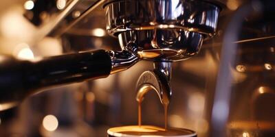 ai generiert schließen oben von ein Espresso Maschine Herstellung Kaffee foto