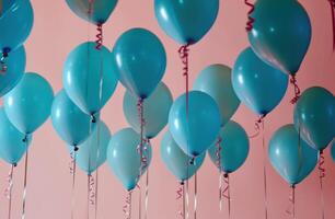 ai generiert Blau Luftballons hängend von Rosa Decke foto