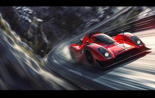 ai generiert im ein früher Kunst Illustration ein rot Rennen Auto bewegt sich beim hoch Geschwindigkeit im Bewegung foto