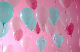 ai generiert viele Luftballons hängend im ein Rosa Zimmer foto