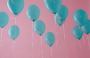 ai generiert Blau Helium Luftballons suspendiert von ein Rosa Decke foto