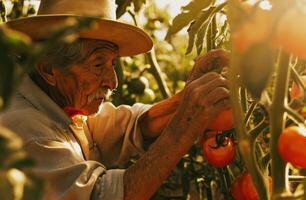 ai generiert ein älter Person pflücken Tomaten hoch von das Ranke foto