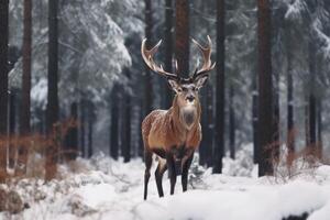 ai generiert Hirsch Brunft im Schnee Wald foto