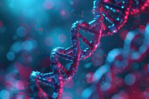 ai generiert DNA Strand gezeigt mit Bokeh Hintergrund foto