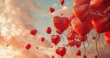 ai generiert rot Herzen und Luftballons fliegend über ein Himmel foto