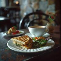 ai generiert das Teller enthält ein kostenlos Sandwich mit ein Tasse von Kaffee foto