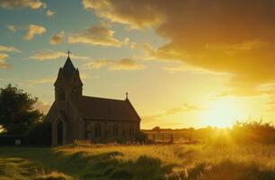 ai generiert das Sonne ist Rahmen Über ein Land Kirche foto