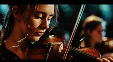 ai generiert jung talentiert Violinist mit Orchester von klassisch Musik- foto