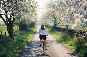 ai generiert Frau Gehen Nieder Straße auf Fahrrad Nächster zu blühen Bäume foto