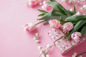 ai generiert ein Geschenk Box mit Rosa Blumen und Tulpen ist Sitzung auf ein Rosa Hintergrund foto