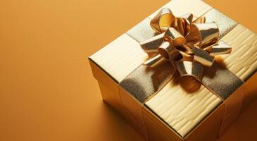 ai generiert ein Gold Geschenk Box mit ein Bogen und golden Band foto