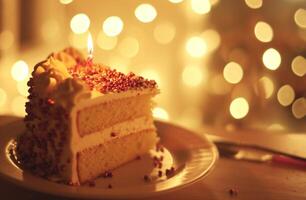 ai generiert ein Stück von Kuchen auf oben von beleuchtet Geburtstag Kuchen Geburtstag Kuchen foto