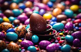 ai generiert Schokolade Ostern Eier und Sträusel auf ein Tabelle foto