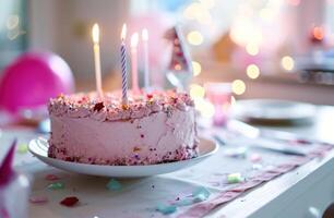 ai generiert Geburtstag Kuchen im Rosa auf Weiß Tabelle foto
