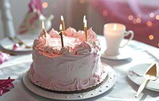 ai generiert Gold Gold und Rosa Kuchen auf Weiß Hintergrund mit zwei Kerzen foto