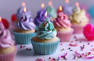 ai generiert bunt Cupcakes und Geburtstag Karte foto