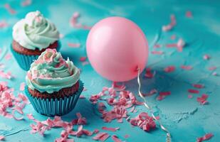 ai generiert bunt Papier mit Geburtstag Cupcakes und ein Rosa Ballon foto