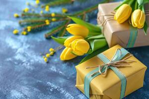 ai generiert Geschenke mit Gelb Tulpen und Tanne Geäst auf ein Blau Holz Tabelle foto