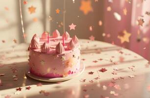 ai generiert Rosa Geburtstag Kuchen auf Weiß Tabelle mit Weiß Sterne foto