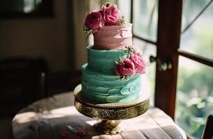 ai generiert lecker Hochzeit Kuchen foto
