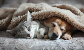ai generiert ein Hund und Katze schlafend Nächster zu jeder andere unter ein Decke foto