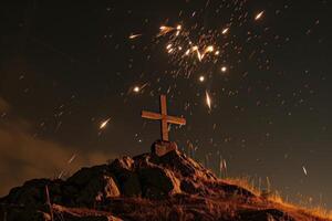 ai generiert ein Kreuz auf ein Hügel mit viele Raketen Schießen aus beim Nacht foto