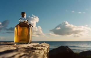 ai generiert ein Flasche von kalt gepresst Kokosnuss Öl Sitzung auf ein hölzern Tabelle foto