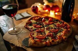 ai generiert Valentinstag Tag Pizza und Wein Geschenk foto