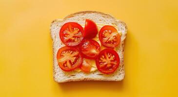 ai generiert ein gesund Essen Attrappe, Lehrmodell, Simulation mit ein Scheibe von brot, Tomaten und Senf foto
