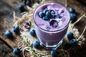 ai generiert ein Smoothie mit Blaubeeren und Sahne foto