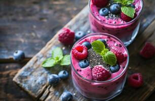 ai generiert ein Smoothie mit Beeren und Chia Saat foto