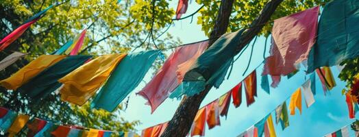 ai generiert ein Vielfalt von bunt Banner hängend auf ein Baum foto