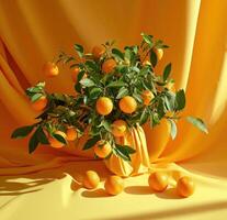 ai generiert ein groß Strauß von Orangen einstellen auf ein hell Gelb Hintergrund foto