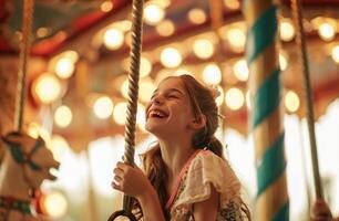 ai generiert ein Mädchen Lachen auf ein Karussell im ein Karneval foto