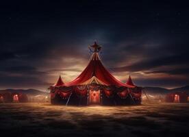 ai generiert ein Zirkus Zelt zündete oben beim Nacht foto